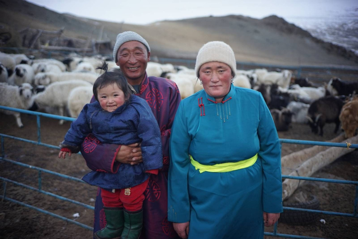 Herder Otgonsuren with his wife and youngest son in Tarialan soum, Uvs aimag.
